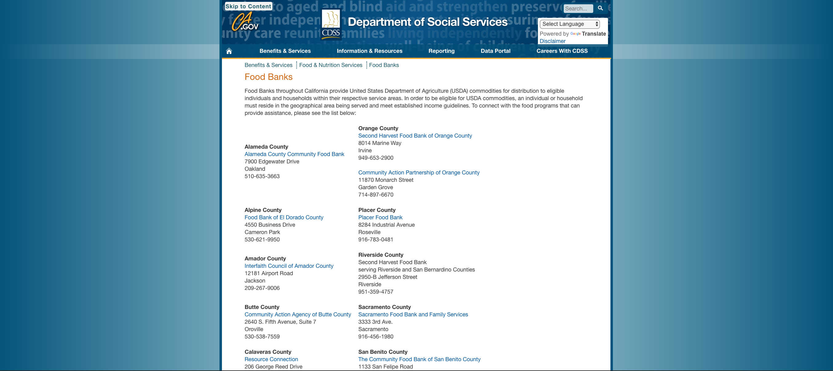 Screenshot of the current CA.gov “Find food banks near you” page.
