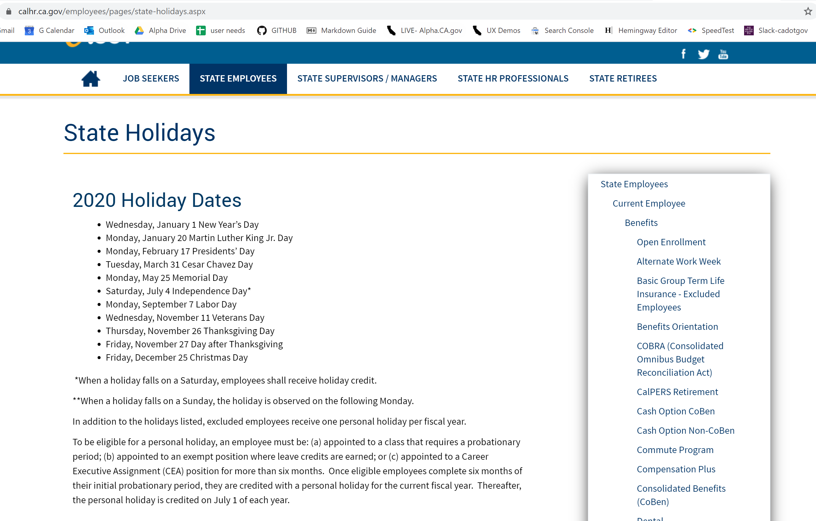 Screenshot of the current CA.gov “Find official California state holidays” page.