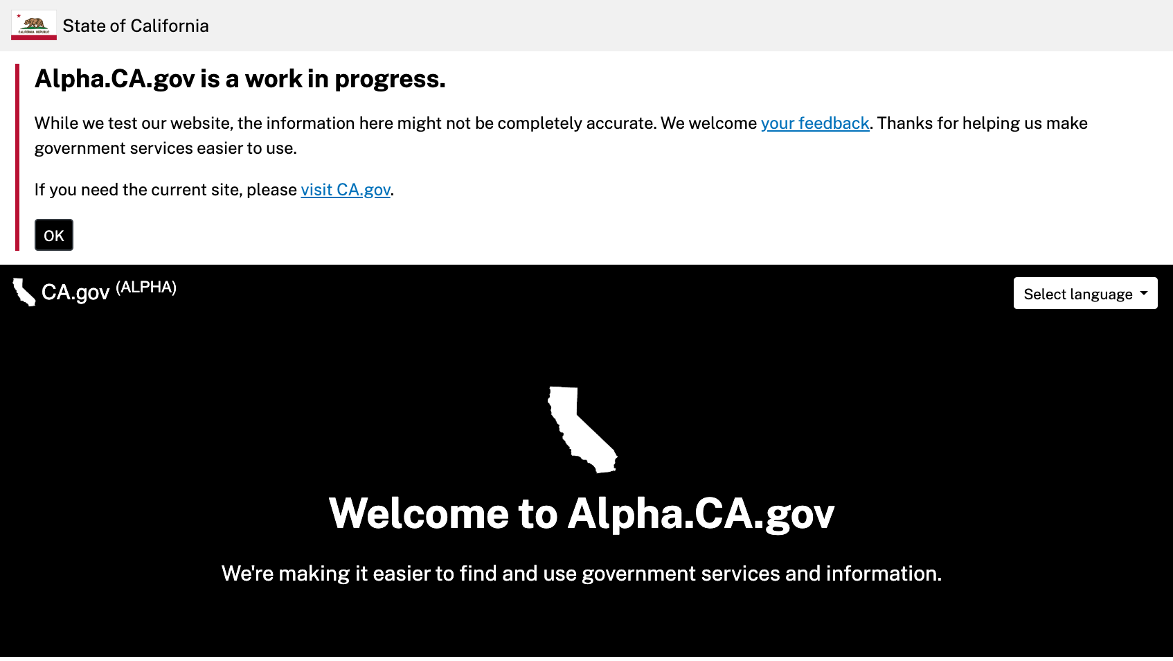 Alpha.CA.gov homepage banner.