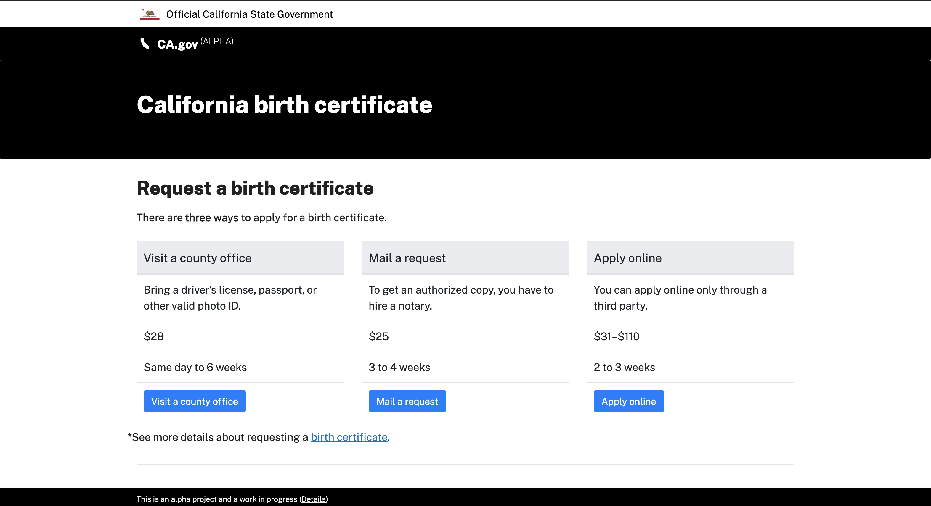 Screenshot of the current CA.gov “Request a birth certificate”