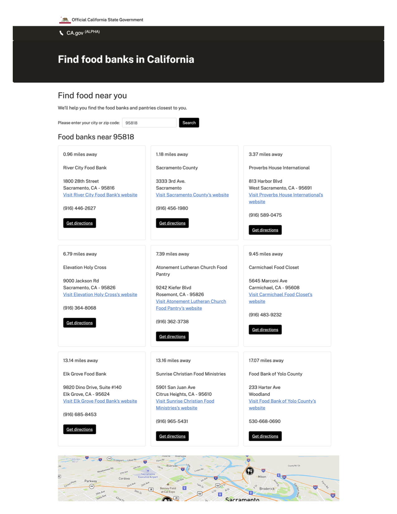Screenshot of the Alpha.CA.gov design prototype for “Find food banks near you.”