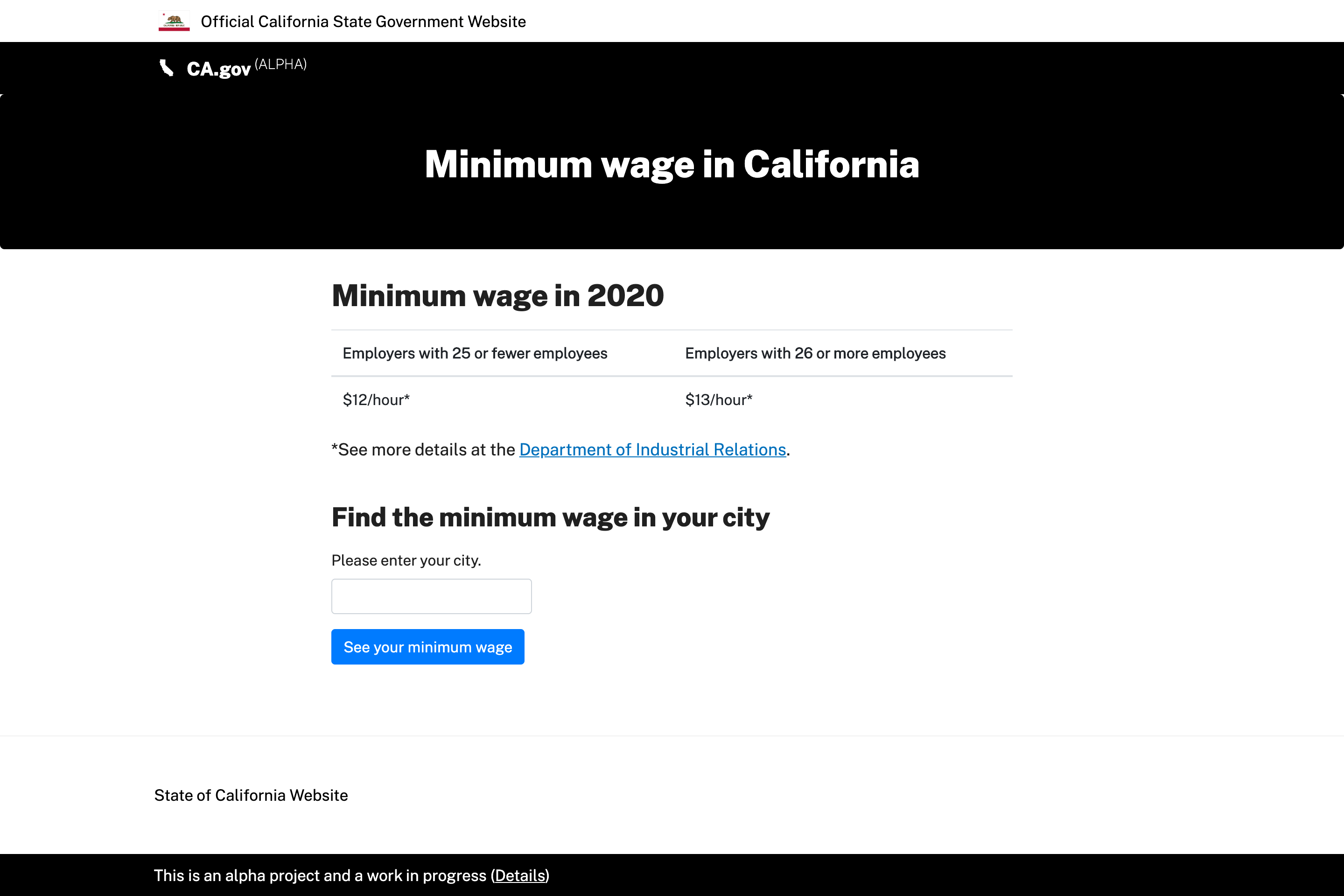 Screenshot of Alpha.CA.gov design prototype for “Find your minimum wage.”