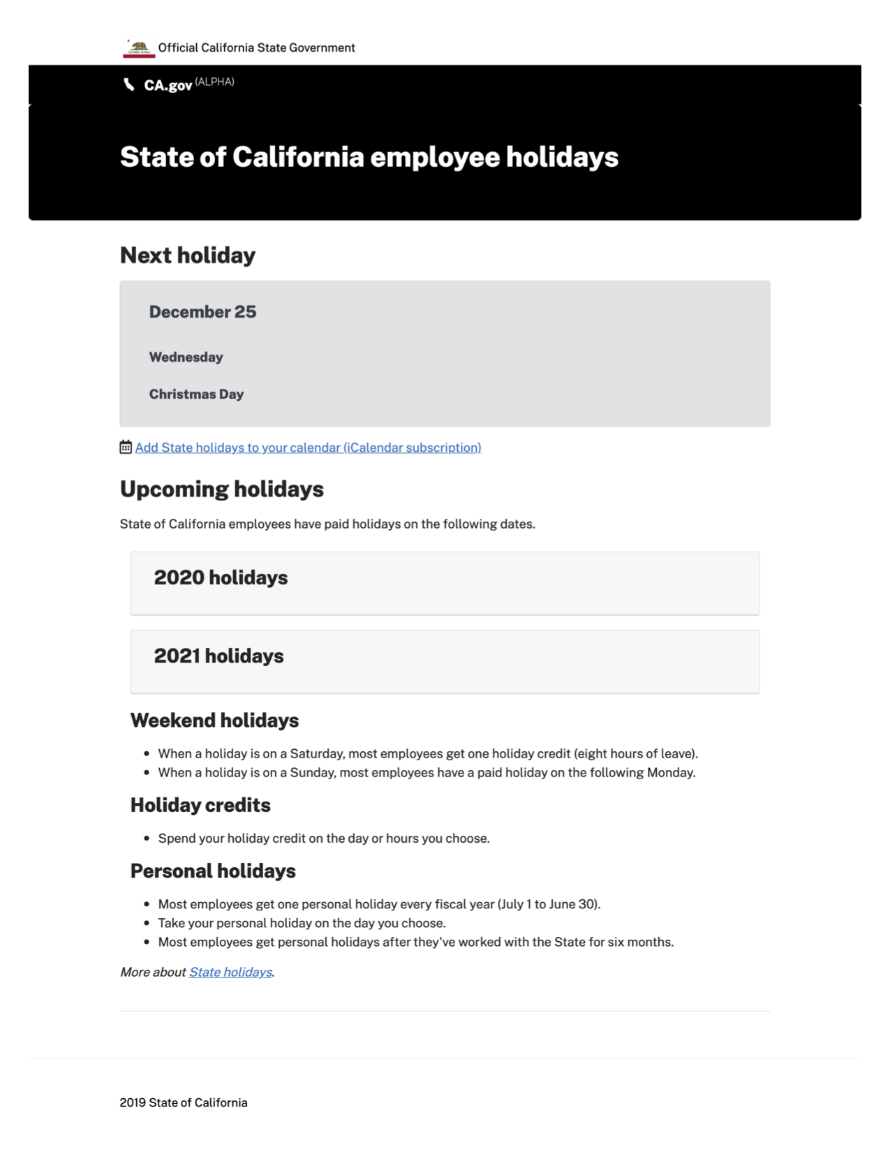 Screenshot of the current CA.gov “Screenshot of Alpha.CA.gov design prototype for “Find official California state holidays.”