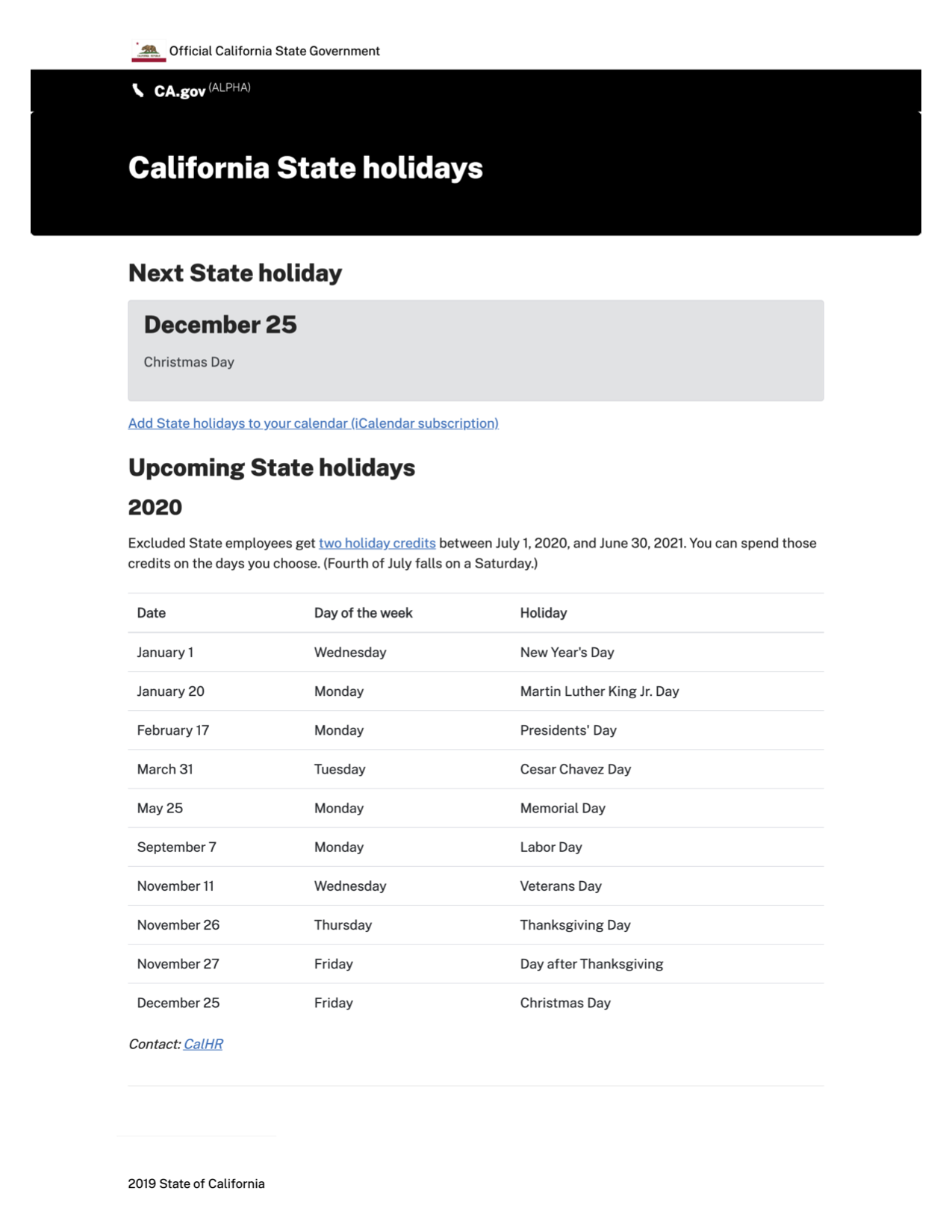 Screenshot of the current CA.gov “Screenshot of Alpha.CA.gov design prototype for “Find official California state holidays.”