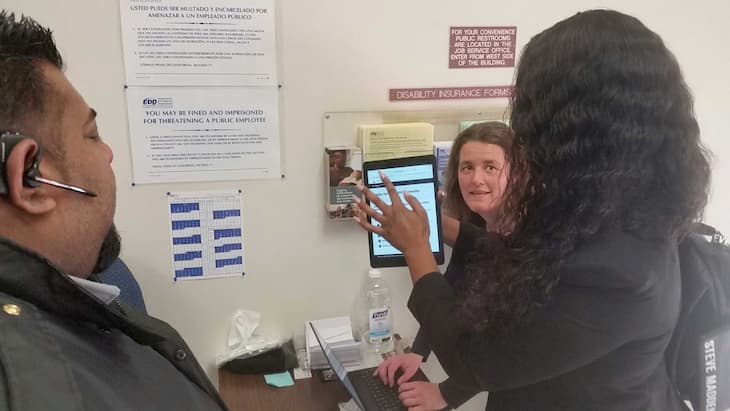 The CHHS Office of Innovation team field testing the Apply for disability insurance benefits prototype at an EDD field office.