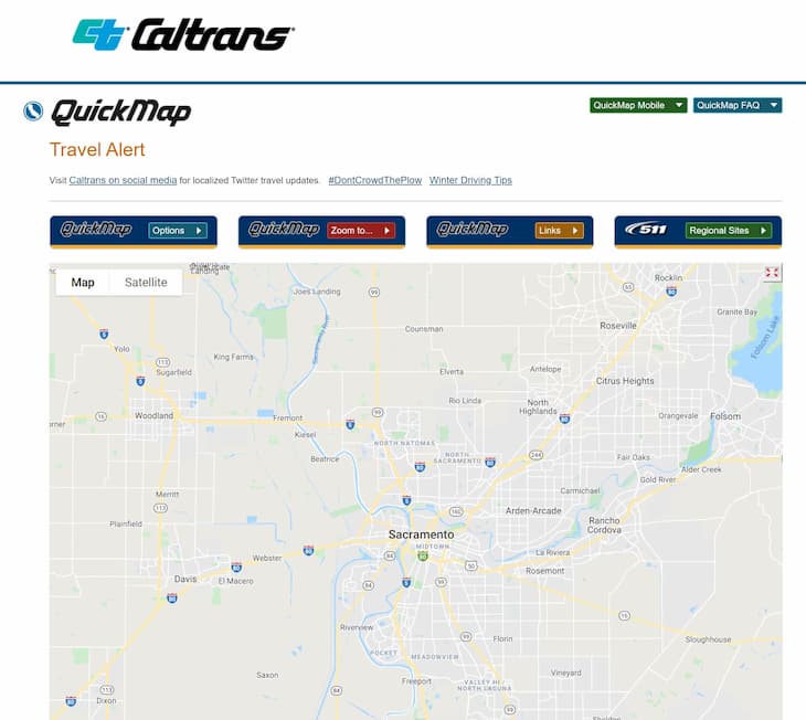 Screenshot of the current CA.gov road conditions page.