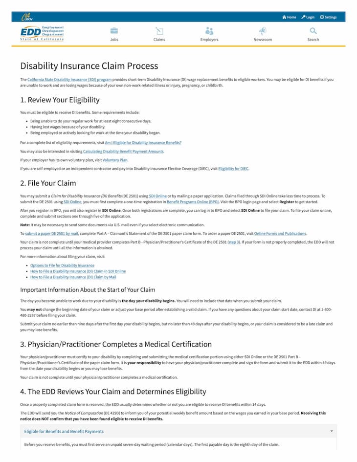 Screenshot of the current CA.gov “Apply for disability benefits” page.