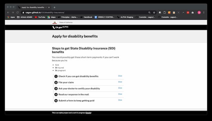 Screenshot of Alpha.CA.gov design prototype for “Apply for disability insurance.”