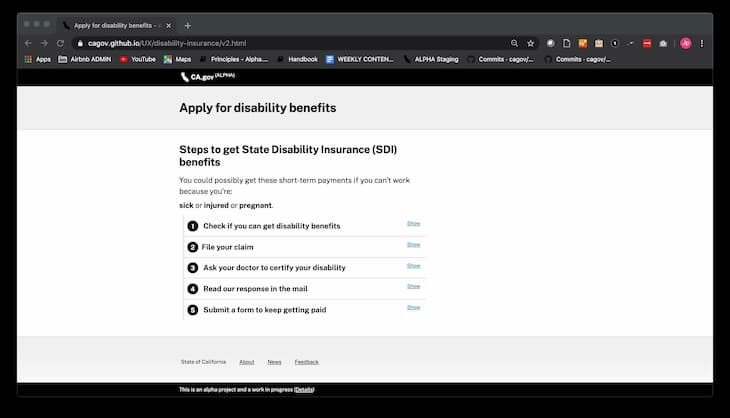 Screenshot of Alpha.CA.gov design prototype for “Apply for disability insurance benefits.”
