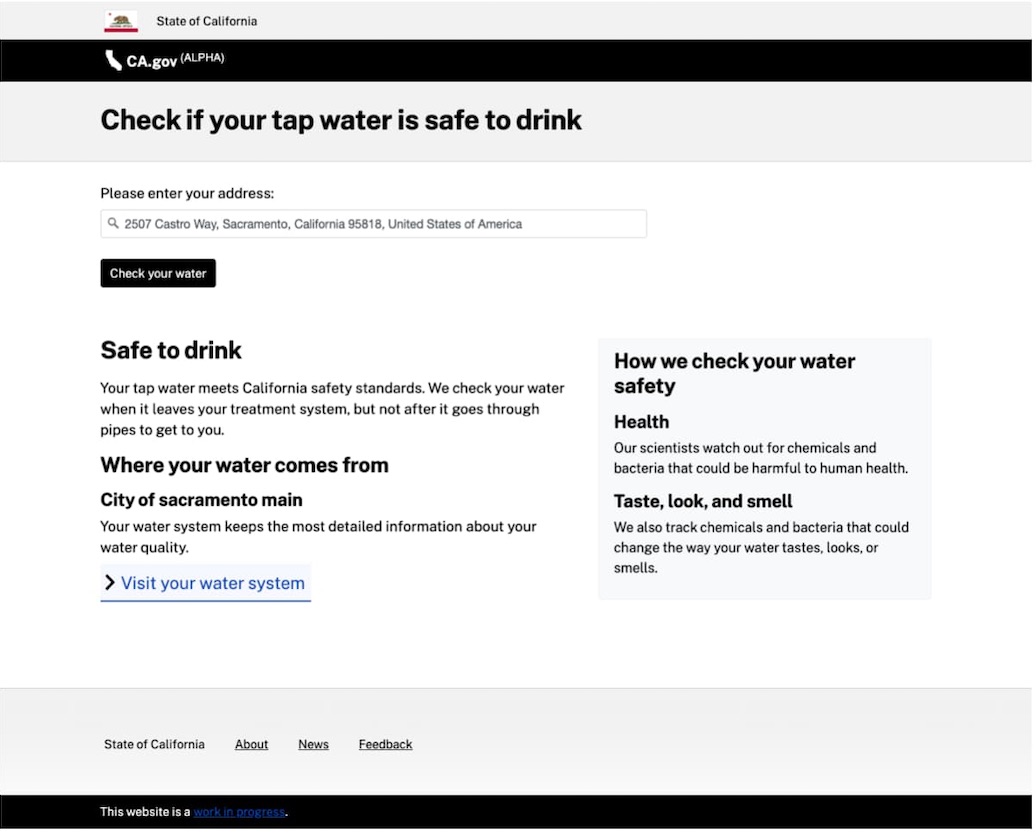 Screenshot of Alpha.CA.gov design prototype for “Check your tap water quality.