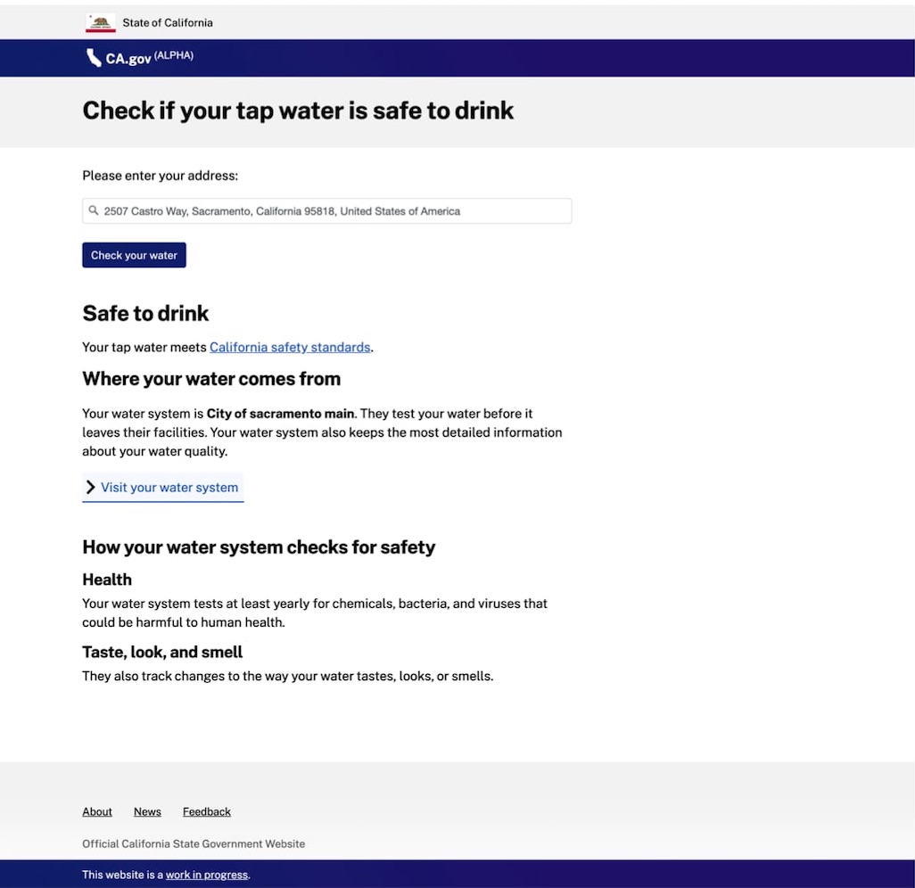 Screenshot of Alpha.CA.gov design prototype for “Check your tap water quality.