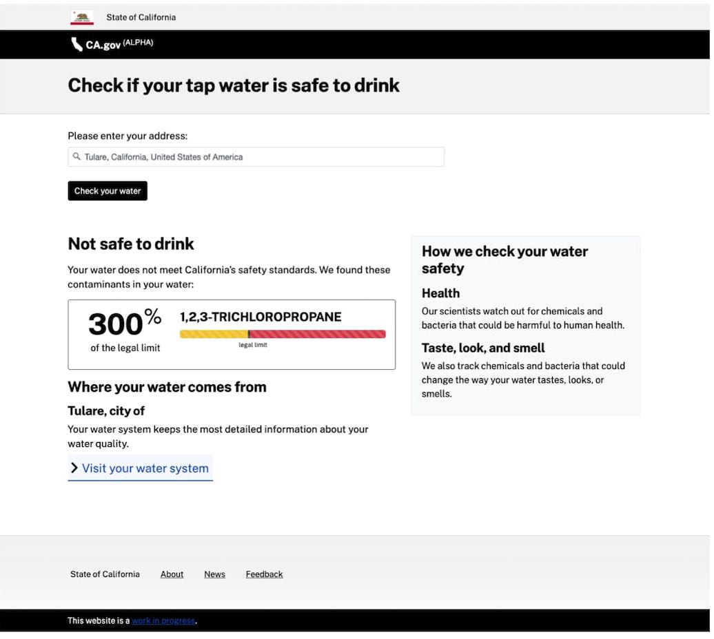 Screenshot of Alpha.CA.gov design prototype for “Check your tap water quality.