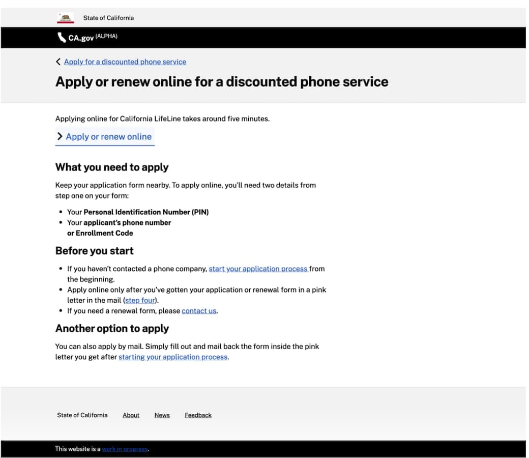 Screenshot of Alpha.CA.gov design prototype for Check if you can get a discounted phone service