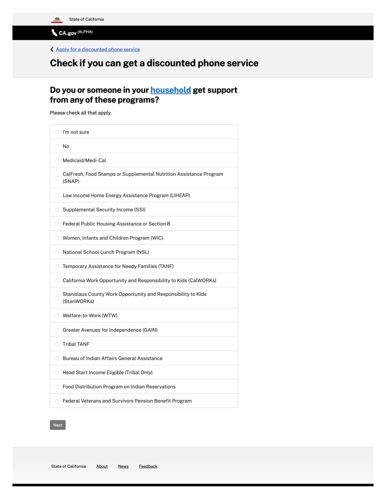 Screenshot of Alpha.CA.gov design prototype for Check if you can get a discounted phone service