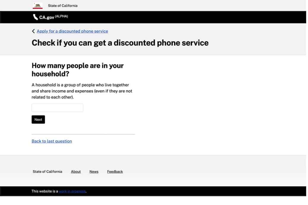 Screenshot of Alpha.CA.gov design prototype for Check if you can get a discounted phone service