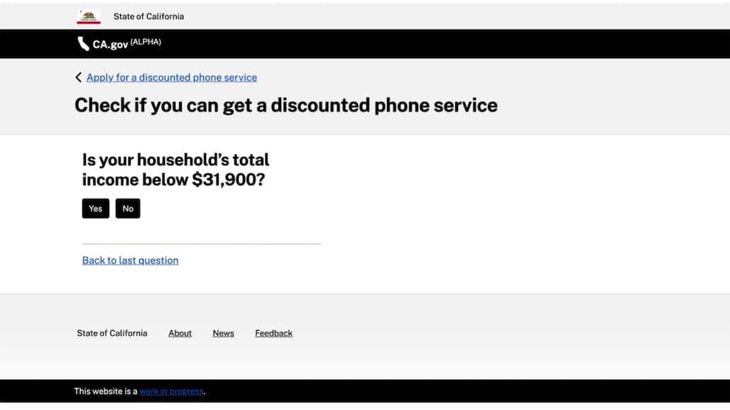 Screenshot of Alpha.CA.gov design prototype for Check if you can get a discounted phone service
