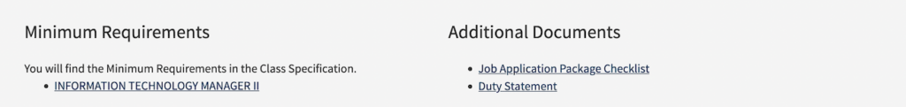 The Minimum Requirements section of a job posting. It includes the text, "You will find the Minimum Requirements in the Class Specification." This is followed by "Information Technology Manger II", which is a hyperlink.