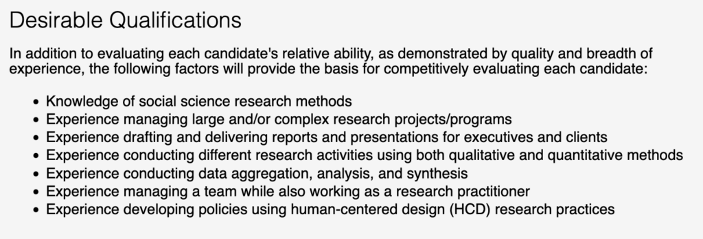 The Desirable Qualifications section of the Research Manager position. It lists 7 qualifications that will provide the basis for competitively evaluating each candidate.