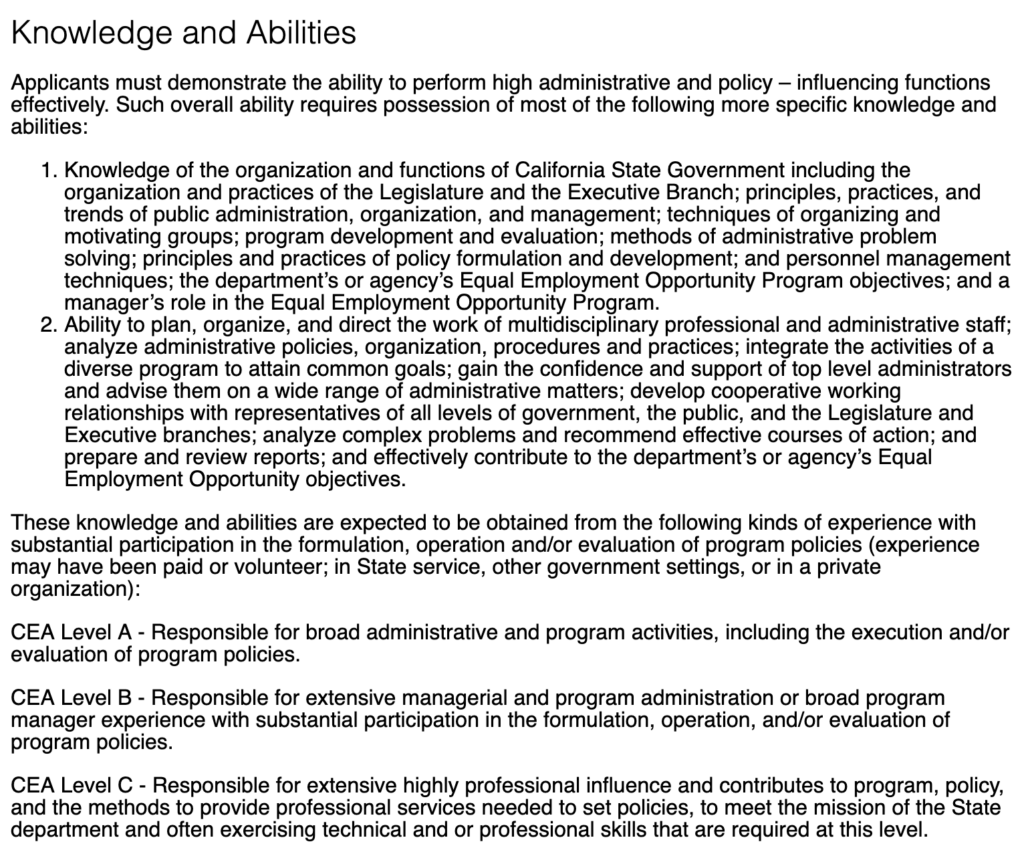 The Knowledge and Abilities section of a CEA job posting. The key sentence is that "Applicants must demonstrate the ability to perform high administrative and policy-influencing functions effectively."