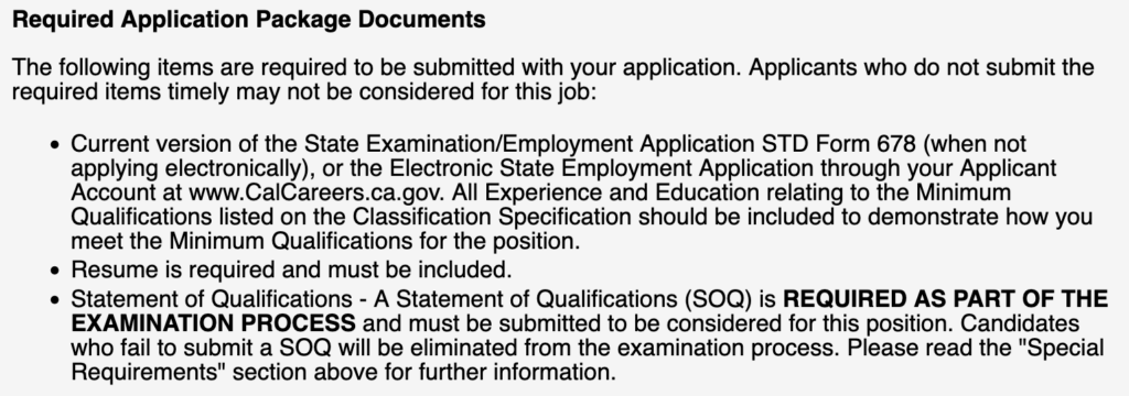 The Required Application Package Documents section of a CEA job posting. The required items are a current version of the State Examination/Employment Application STD Form 678, resume, and Statement of Qualifications.