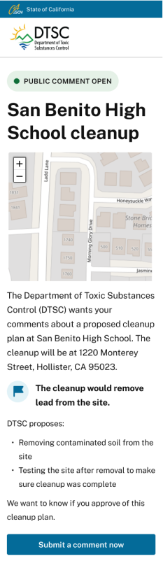 The mobile version of the San Benito High School public comment prototype page. It has a zoomable map of the project site, a description of the proposed cleanup, and a button to submit a comment.