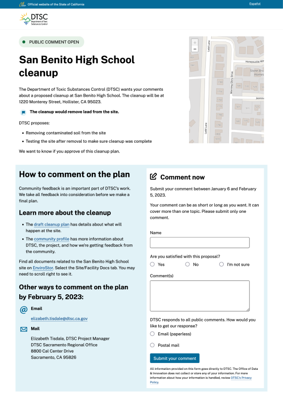 The desktop version of the San Benito High School public comment prototype page. It has a zoomable map of the project site, a description of the proposed cleanup, details about how to comment on the plan, links to more information about the cleanup, and a comment form.