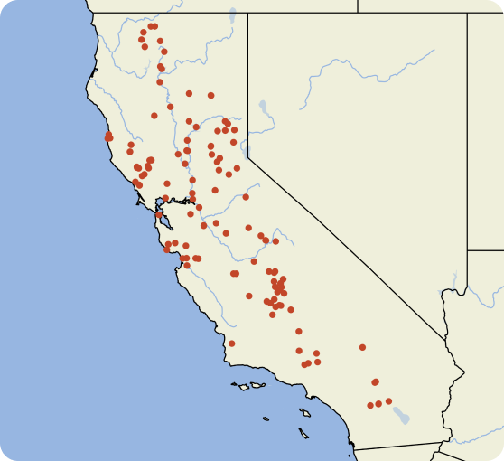 Map of California with dots for water systems affected by drought. They are distributed throughout the state.