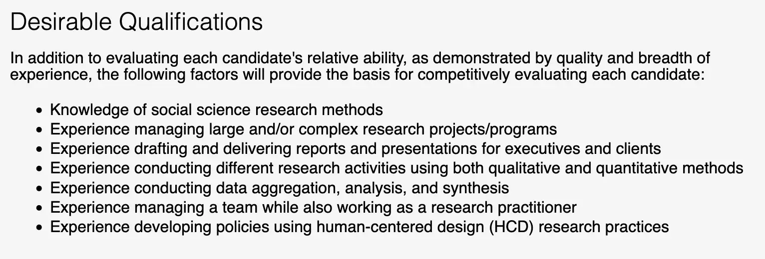 The Desirable Qualifications section of the Research Manager position. It lists 7 qualifications that will provide the basis for competitively evaluating each candidate.