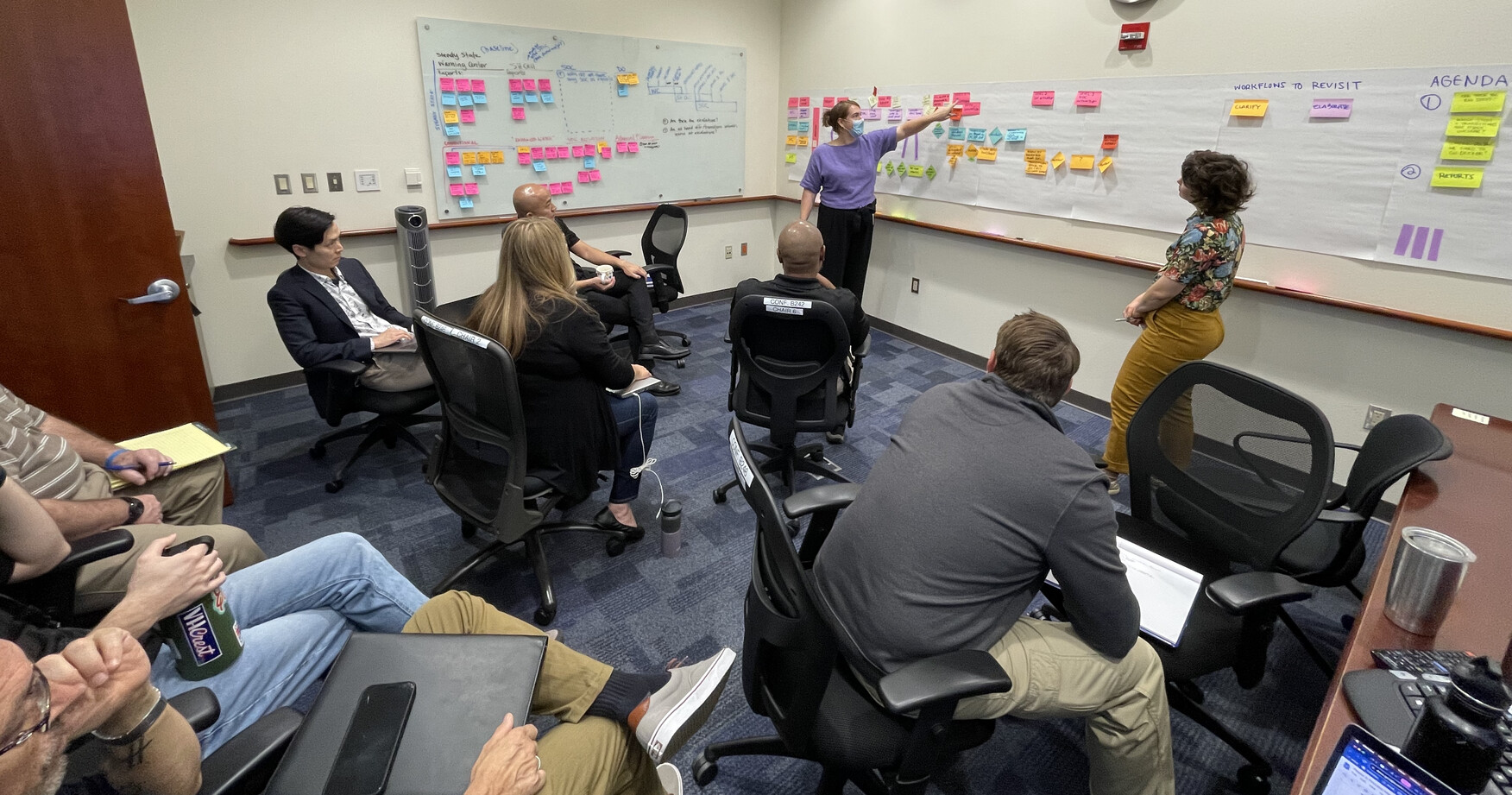 State staff mapping a process using sticky notes on a wall