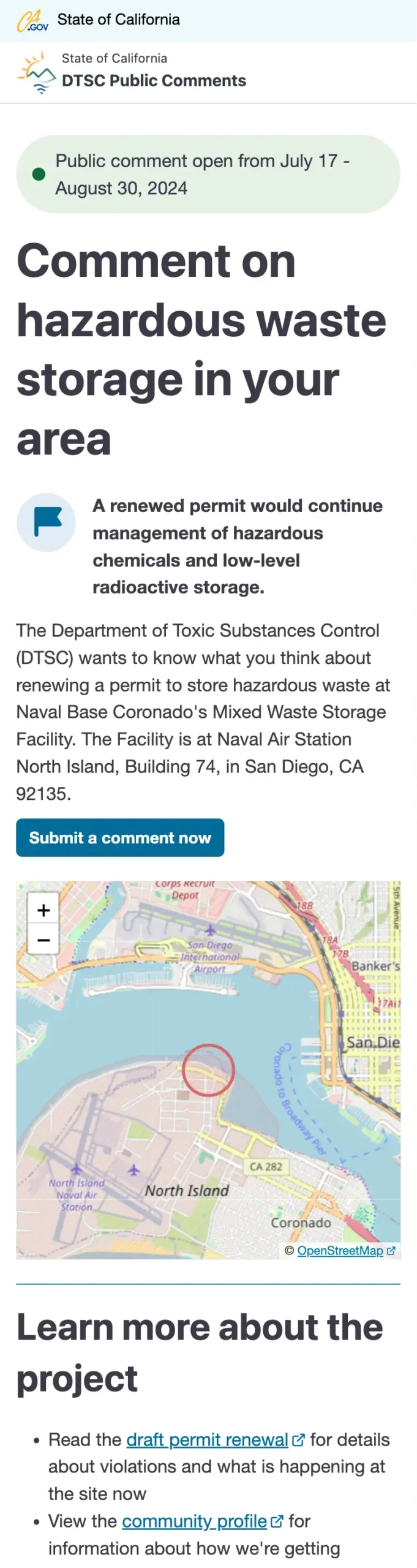 Mobile view of new DTSC project webpage. It starts with a green callout box with the public comment dates. Its title, “Comment on hazardous waste storage in your area,” is large. A summary of the proposed action is in bold, followed by details about the permit and the site. A map shows where the storage would take place.