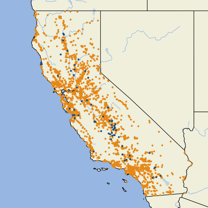 Map of California showing community water systems affected by drought