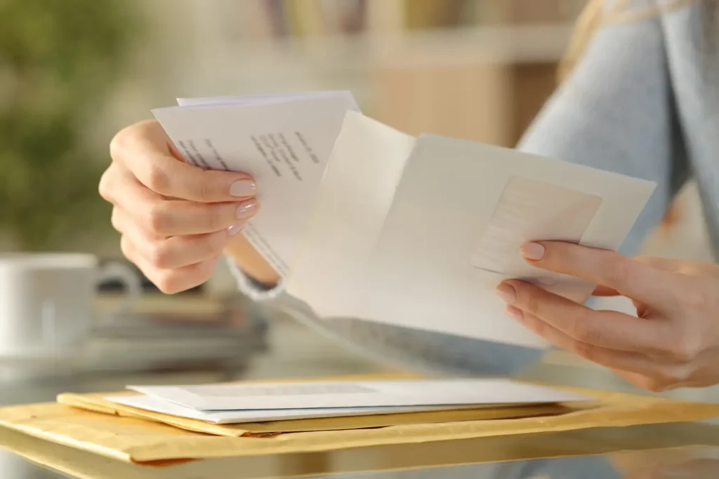 Someone opening a piece of mail