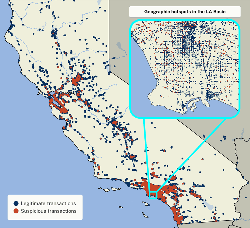 Map of California, showing suspicious transactions clustered around the Bay Area, Sacramento, Los Angeles, and San Diego.