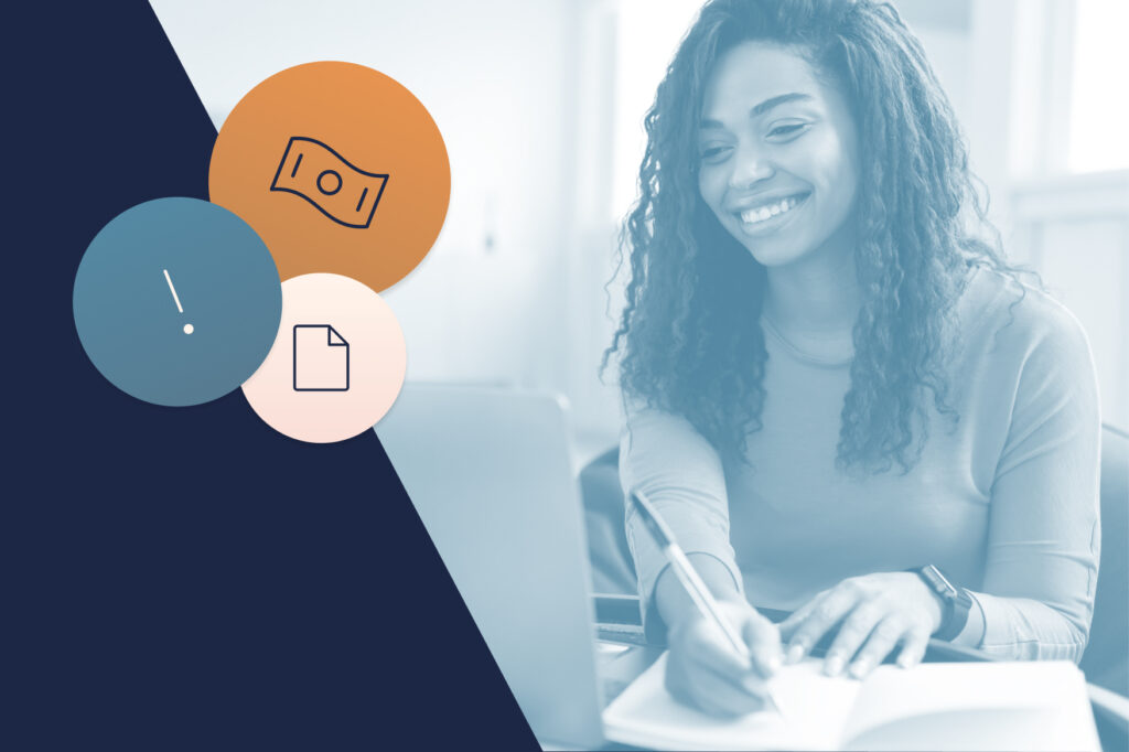 Smiling state employee at a computer, taking notes