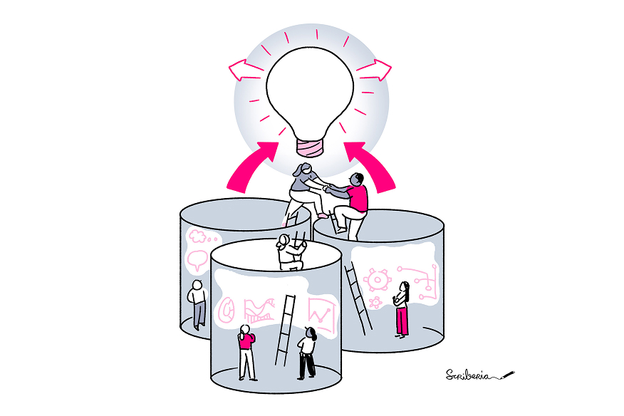 People using ladders to climb out of cylinders with data visualizations. A light bulb is above them.