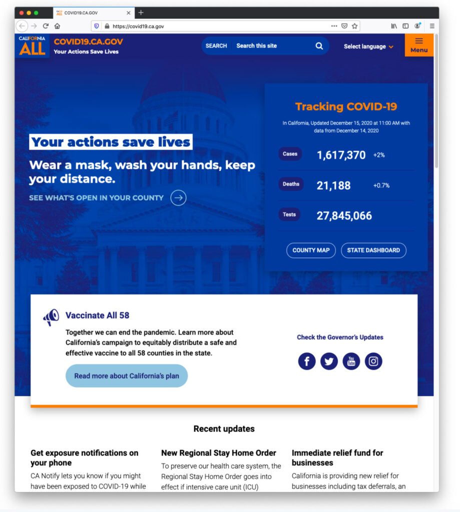 Covid19 website screenshot from August 2020