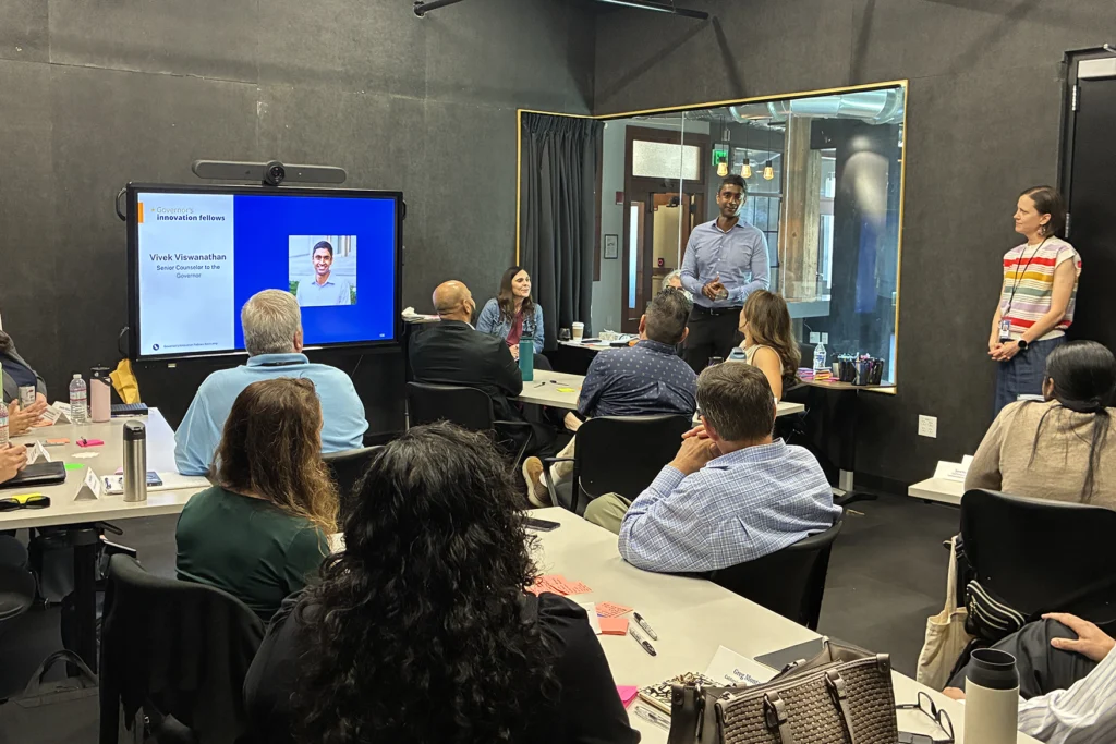 Vivek Viswanathan, Senior Counselor to the Governor, talks to cohort 3 of the Governor's Innovation Fellows