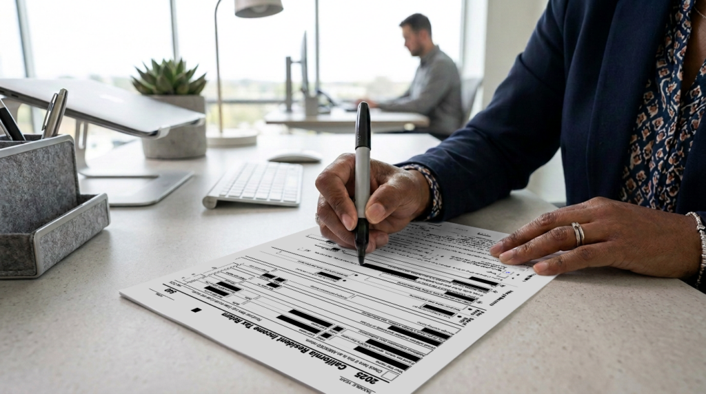 A woman redacts a California tax return